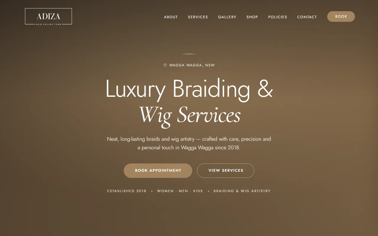 Adiza Hair Collections website homepage built by Bluepeek