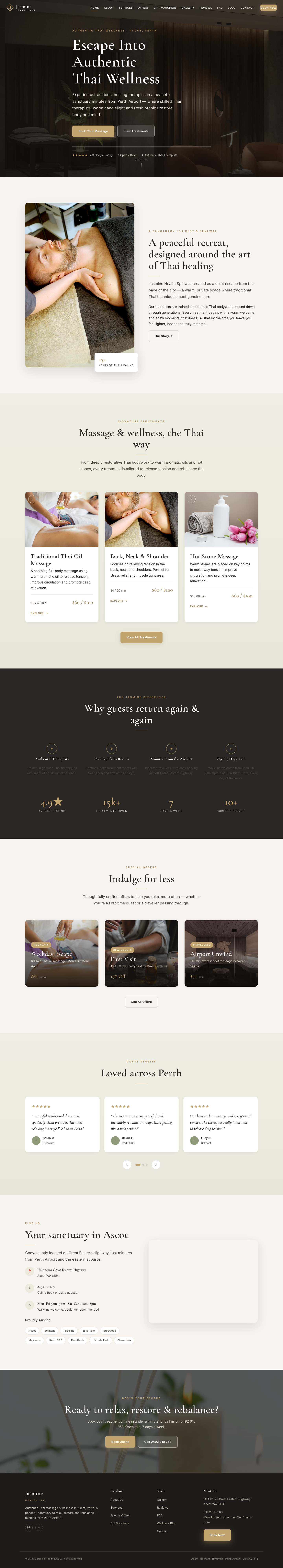 Jasmine Health Spa homepage - dark luxury Thai day spa website built by Blue Peek